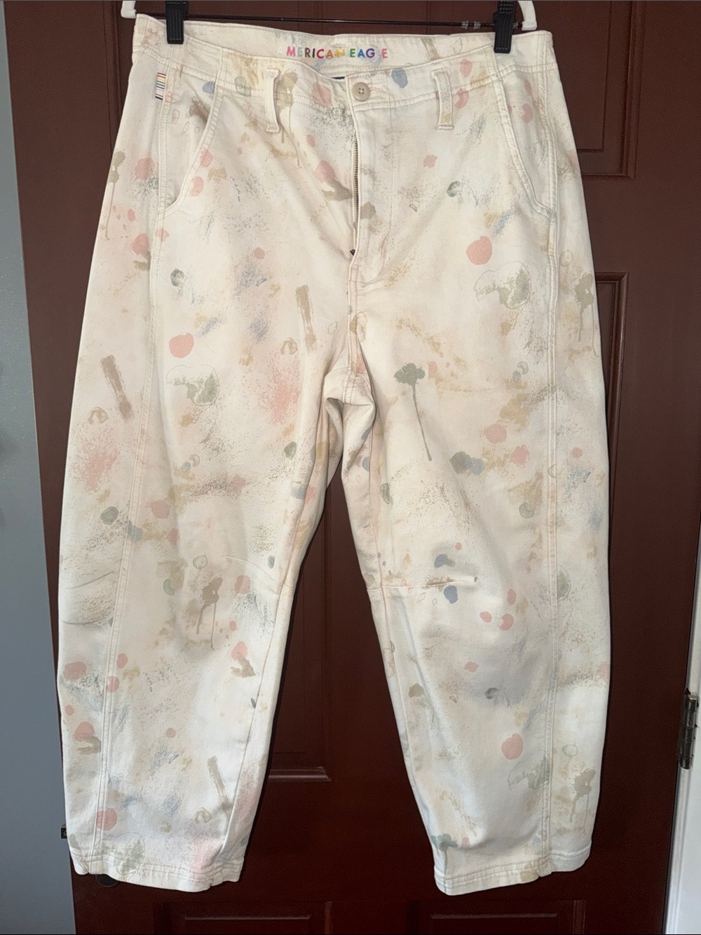 American Eagle Outfitters Cream Wide Leg Jeans with Multicolor Paint Splatter - Picture 2 of 5
